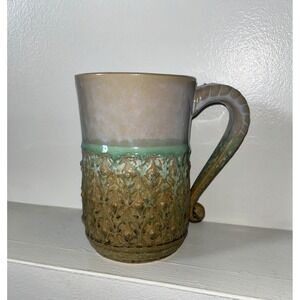 Boston Warehouse Pottery Textured Glaze Coffee Mug Green Tan Artisan Stoneware